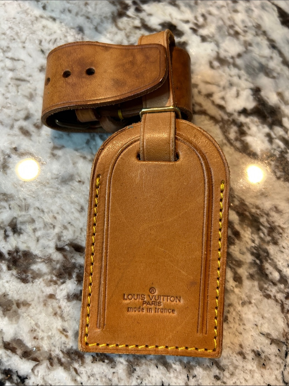 Louis Vuitton Brown Leather Luggage Tag with Yellow Stitching